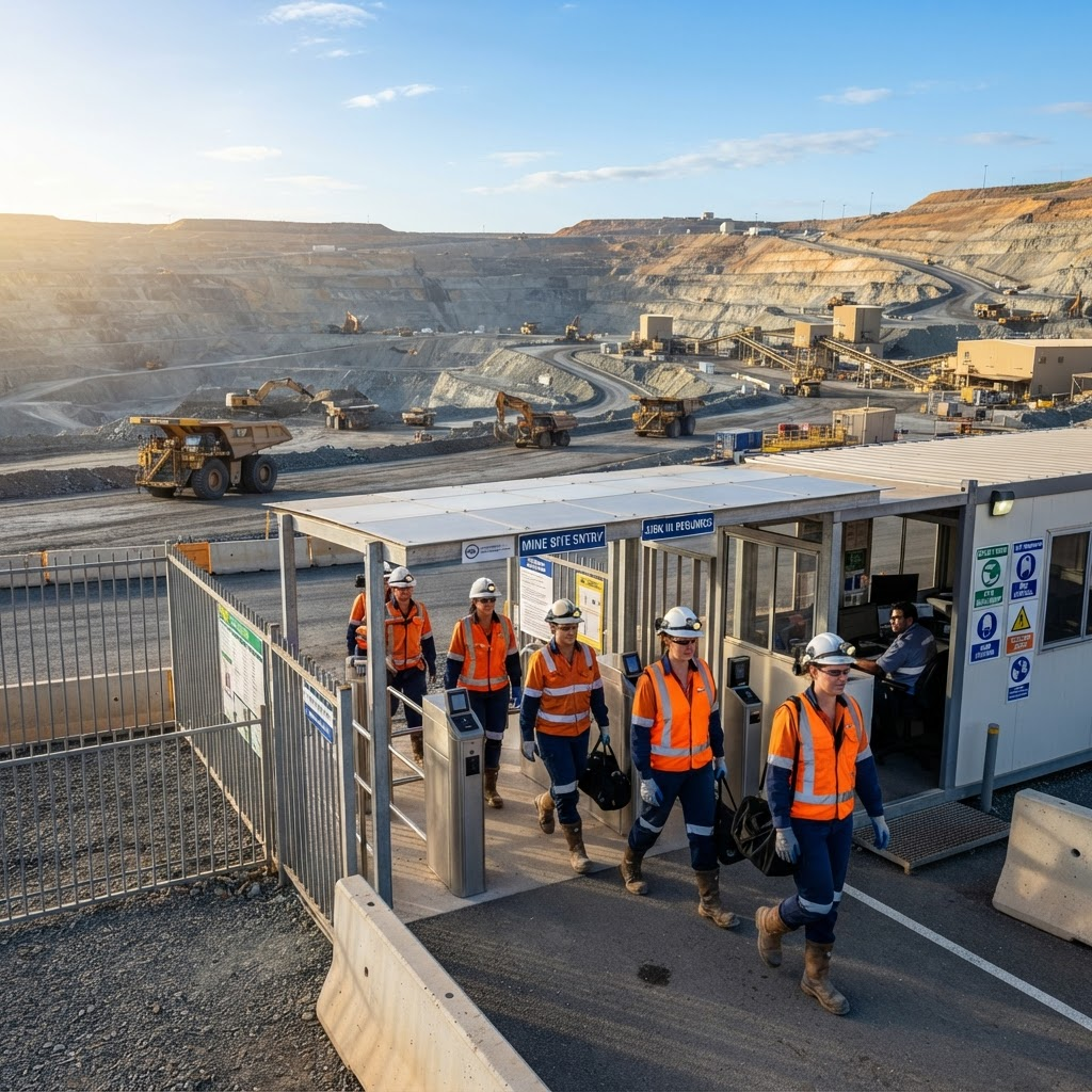 Trabajadores mineros con casco y chaleco reflectante en un punto de control de acceso a la mina